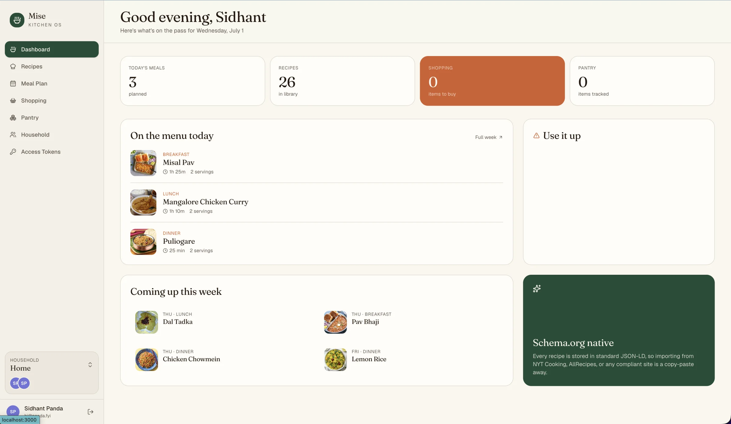 Mise dashboard showing planned meals, recipes, shopping, and pantry