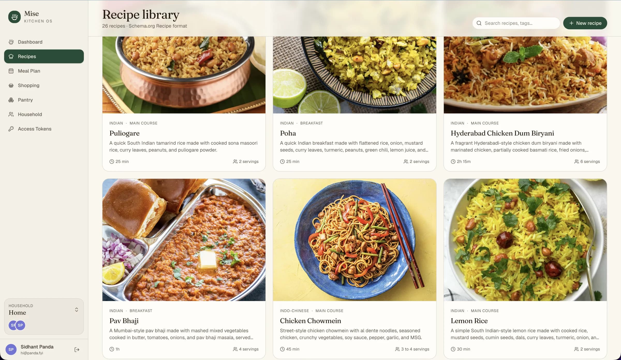 Mise recipe library with filters and recipe cards