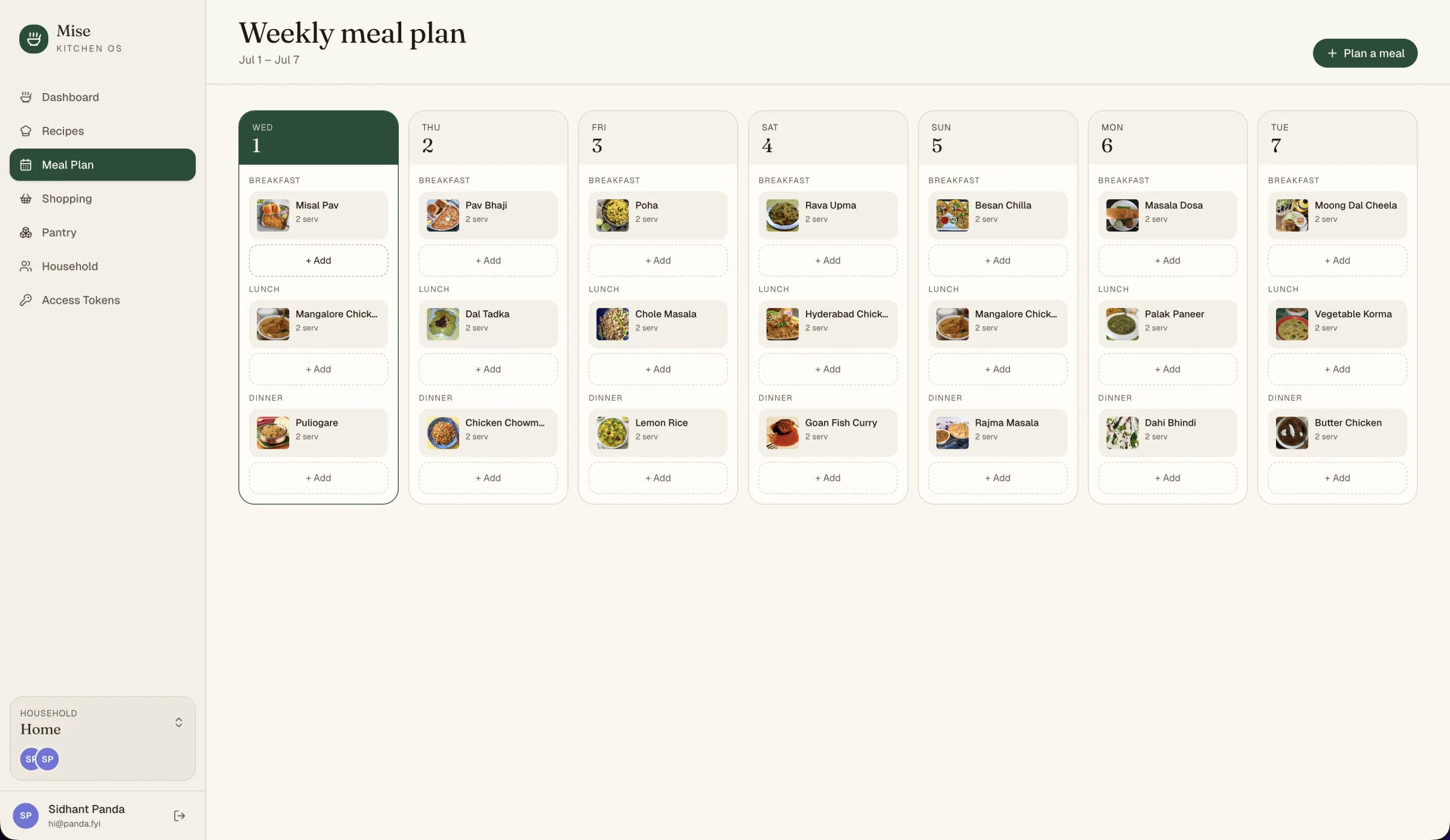 A weekly meal plan in Mise
